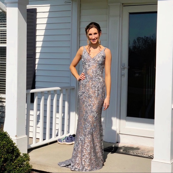 Jovani Silver/ Sequin/ Lace Prom Dress - Picture 3 of 8